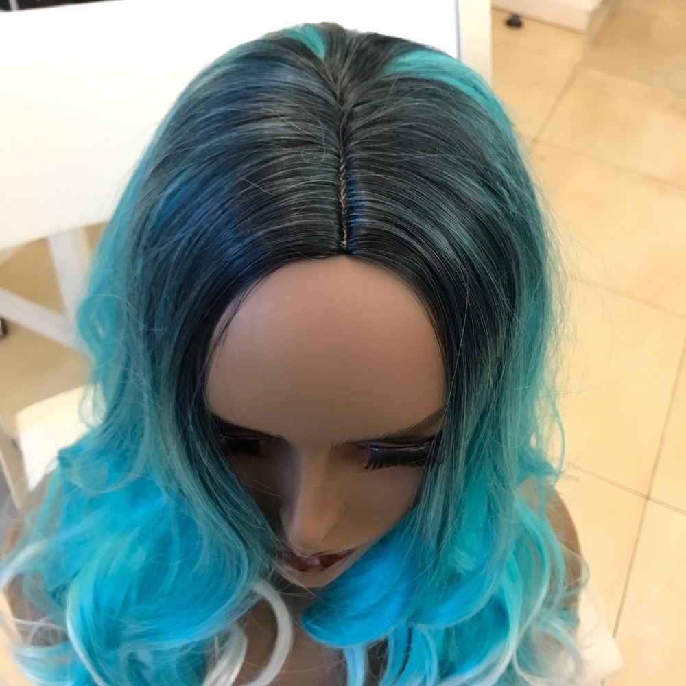 Human hair blend green mix blue with white wig - Picture 4 of 8